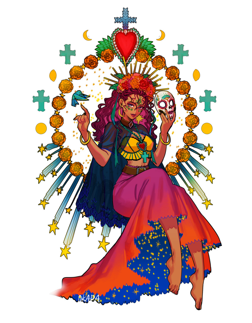 1girl, absurdres, belt, bird, black_nails, bracelet, cross, dark_skin, dark-skinned_female, dia_de_los_muertos, earrings, flower, hands_up, highres, jewelry, long_hair, long_skirt, okada_(hoooojicha), orange_flower, original, purple_hair, red_skirt, signature, skirt, solo, white_background