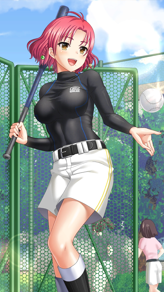3girls, :d, antenna_hair, baseball, baseball_bat, belt, belt_buckle, black_belt
