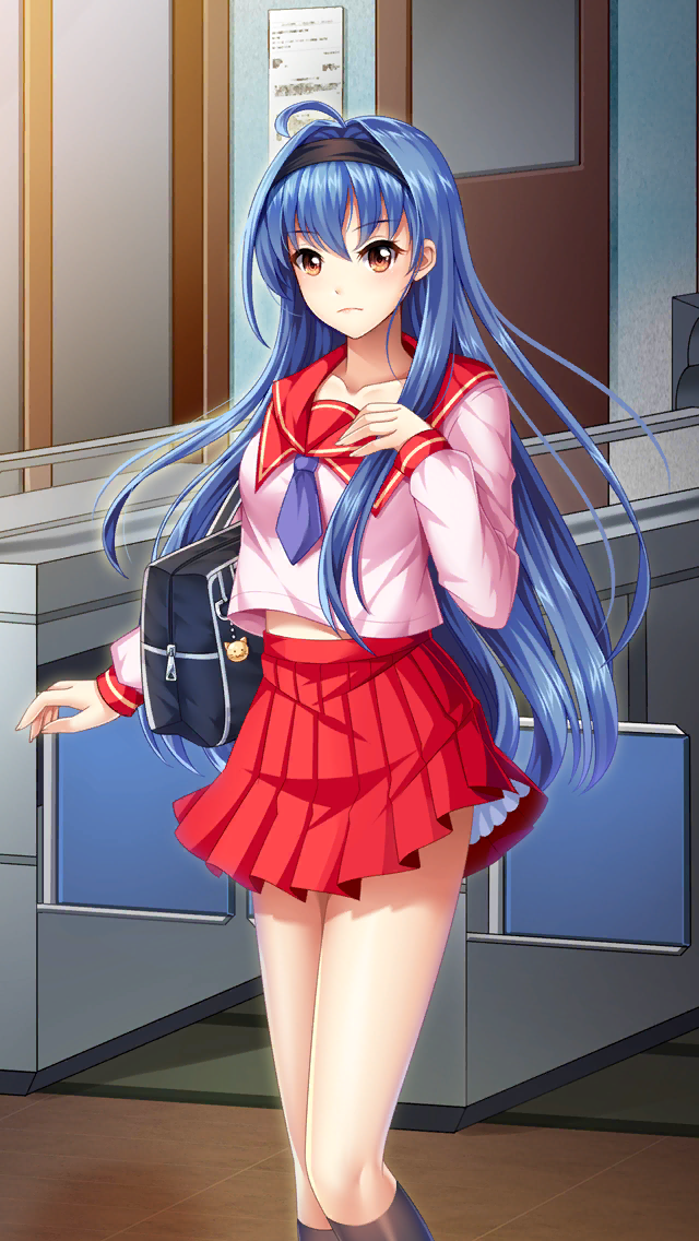 1girl, ahoge, bag, bangs, black_hairband, black_legwear, blue_hair, brown_eyes