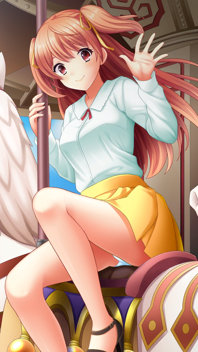 1girl, bangs, black_footwear, brown_hair, carousel, closed_mouth, doukyuusei_another_world, dress_shirt