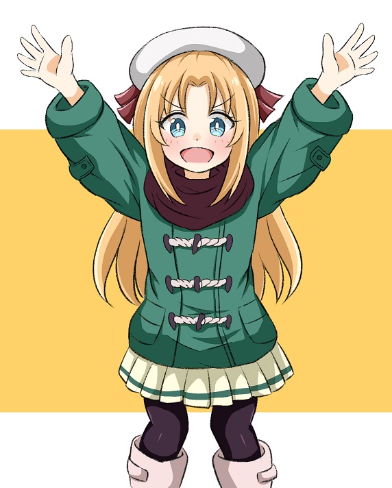 1girl, :d, \o/, arms_up, bangs, beret, black_legwear, blonde_hair