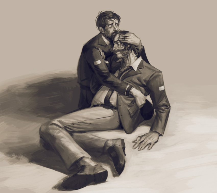 2boys, beard, blazer, blood, cheetahman_(1ddghfr78cswc), disco_elysium, facial_hair, hand_on_another's_head