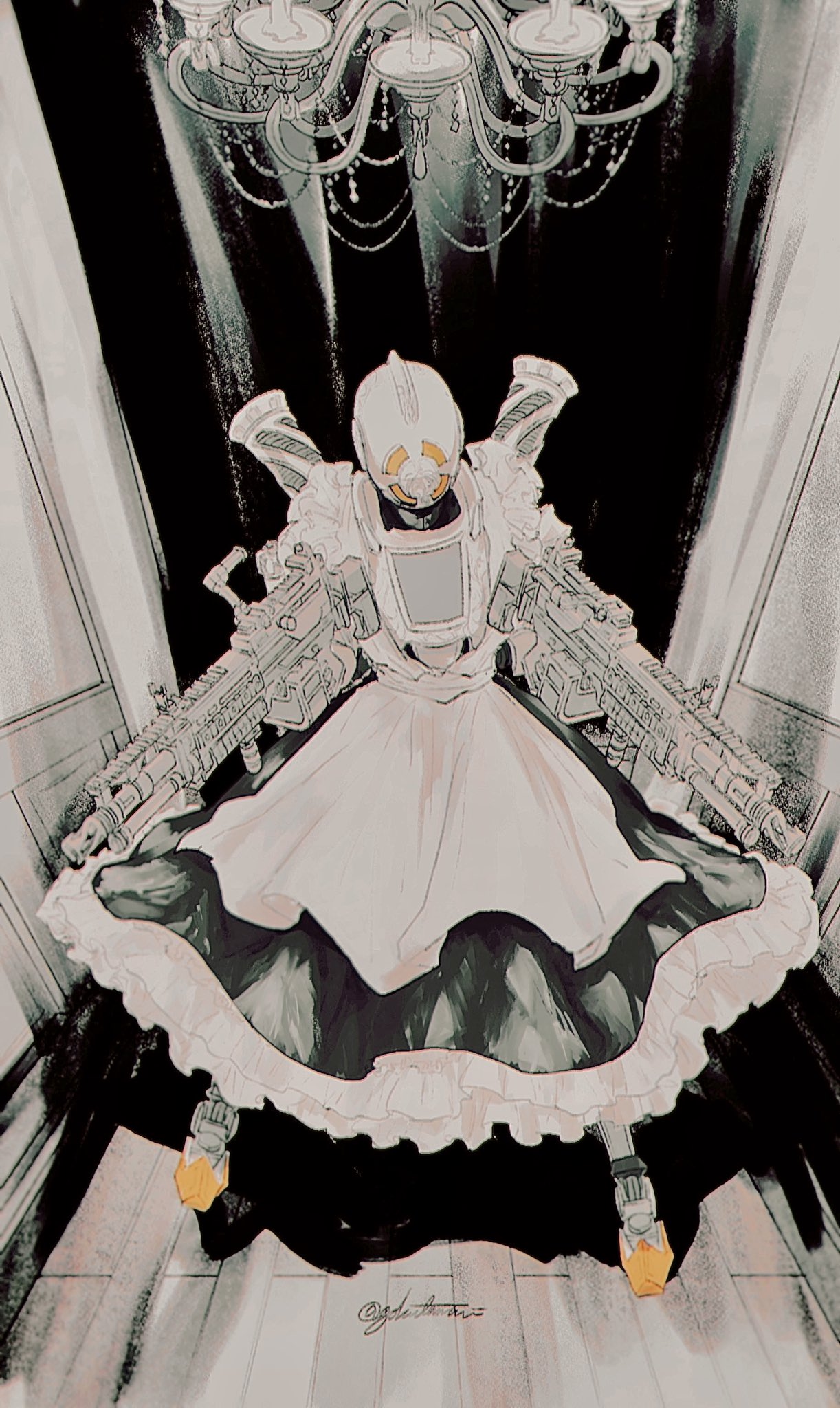 1boy, alternate_costume, apex_legends, apron, black_dress, chandelier, crossdressinging, dress, dual_wielding, enmaided, gun, highres, himagoya, holding, holding_gun, holding_weapon, humanoid_robot, light_machine_gun, looking_down, m600_spitfire, maid, maid_apron, male_focus, pathfinder_(apex_legends), science_fiction, signature, solo, weapon