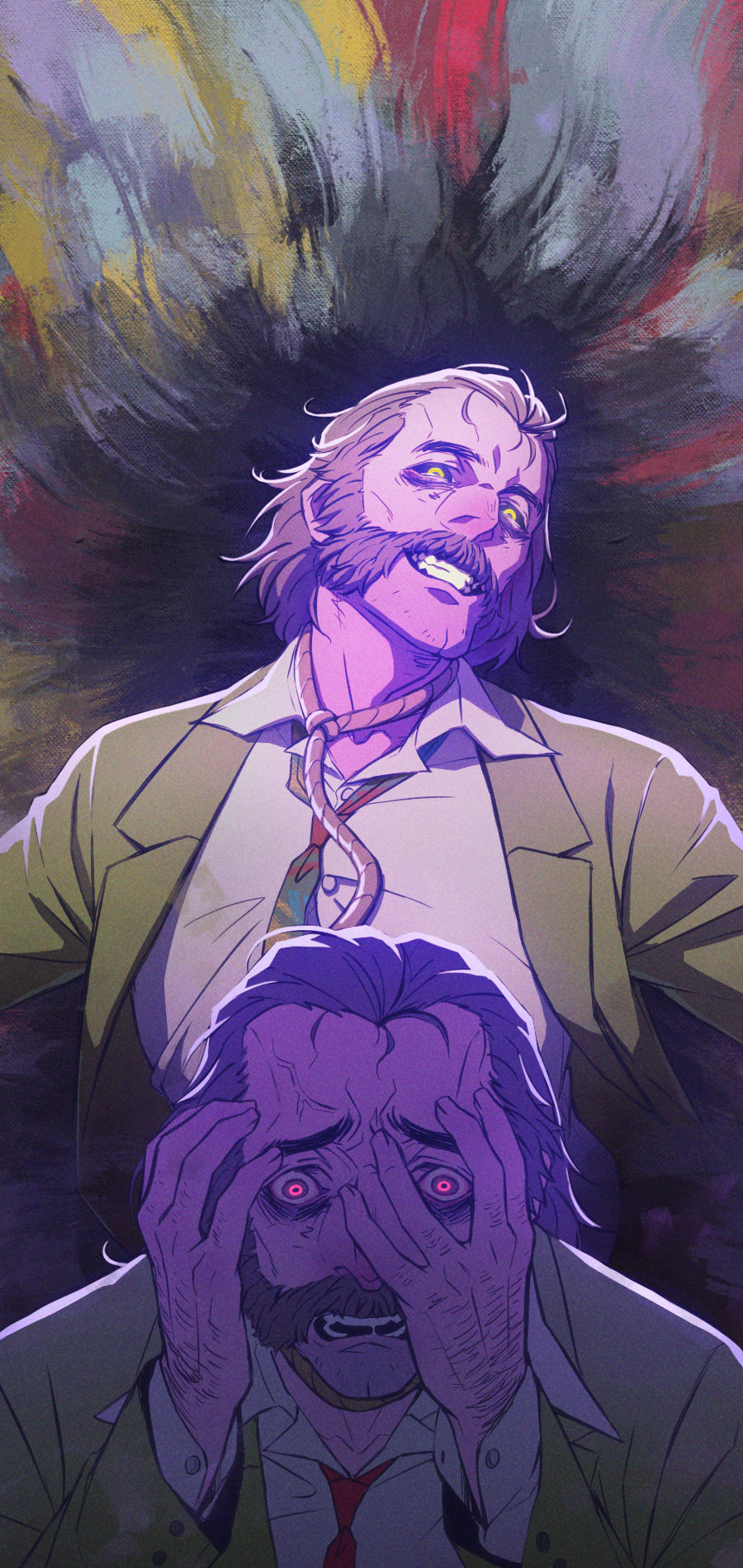 1boy, asd4486, beard, black_sclera, brown_hair, colored_sclera, dark_persona, disco_elysium, facial_hair, harry_du_bois, highres, jacket, male_focus, multiple_views, necktie, noose, open_mouth, panicking, red_eyes, smile, upper_body, veins