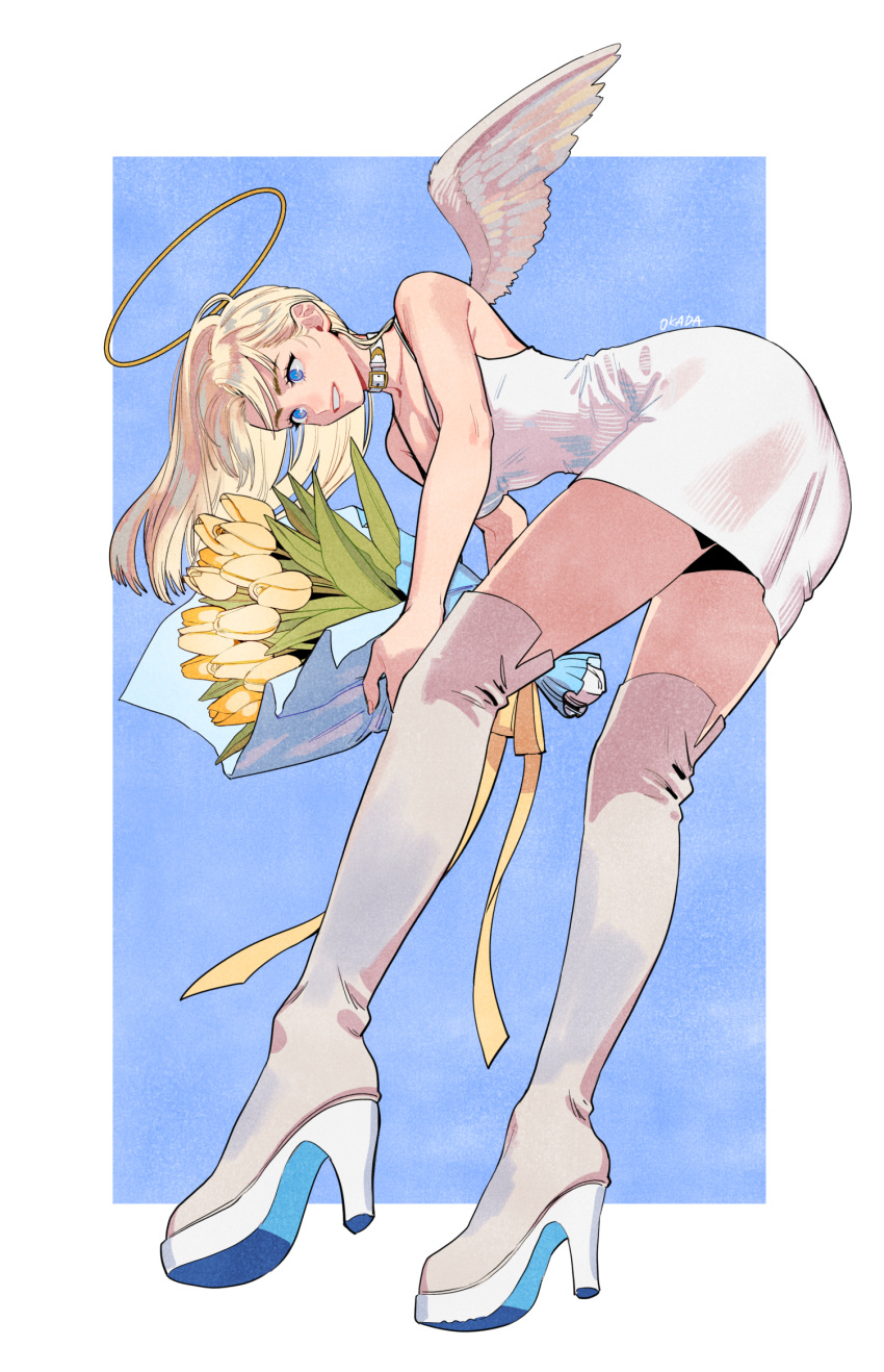 1girl, angel, angel_wings, blonde_hair, blue_background, blue_eyes, boots, bouquet, choker, dress, feathered_wings, flower, halo, high_heel_boots, high_heels, highres, holding, holding_bouquet, holding_flower, leaf, leaning_forward, long_hair, okada_(hoooojicha), original, parted_lips, ribbon, sleeveless, sleeveless_dress, smile, solo, thigh-highs, thigh_boots, tulip, white_choker, white_dress, white_footwear, white_wings, wings, yellow_flower