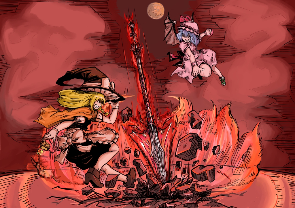 bad_id, battle, kirisame_marisa, multiple_girls, remilia_scarlet, shibe, spear_the_gungnir, touhou