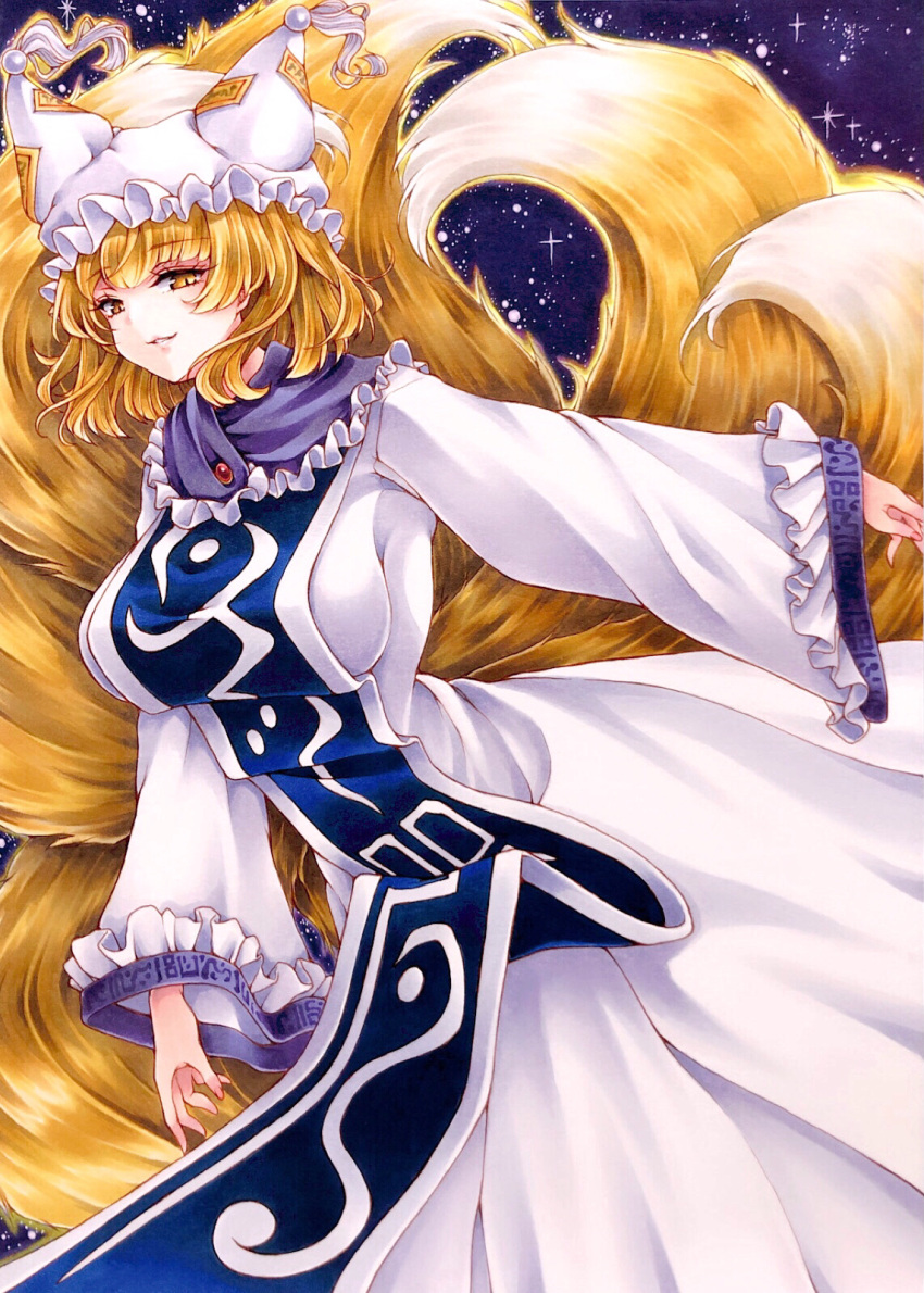 1girl, aura, bangs, blonde_hair, breasts, dress, eyebrows_visible_through_hair, fingernails