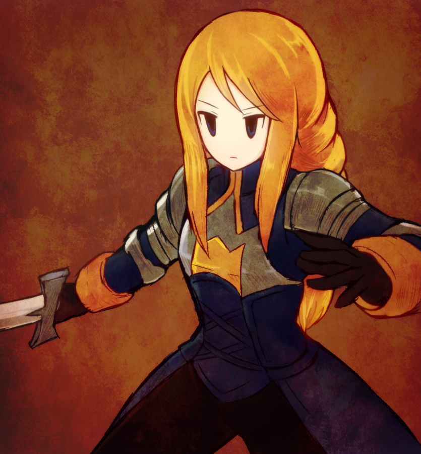 1girl, agrias_oaks, armor, black_gloves, blonde_hair, blue_eyes, braid, brown_background