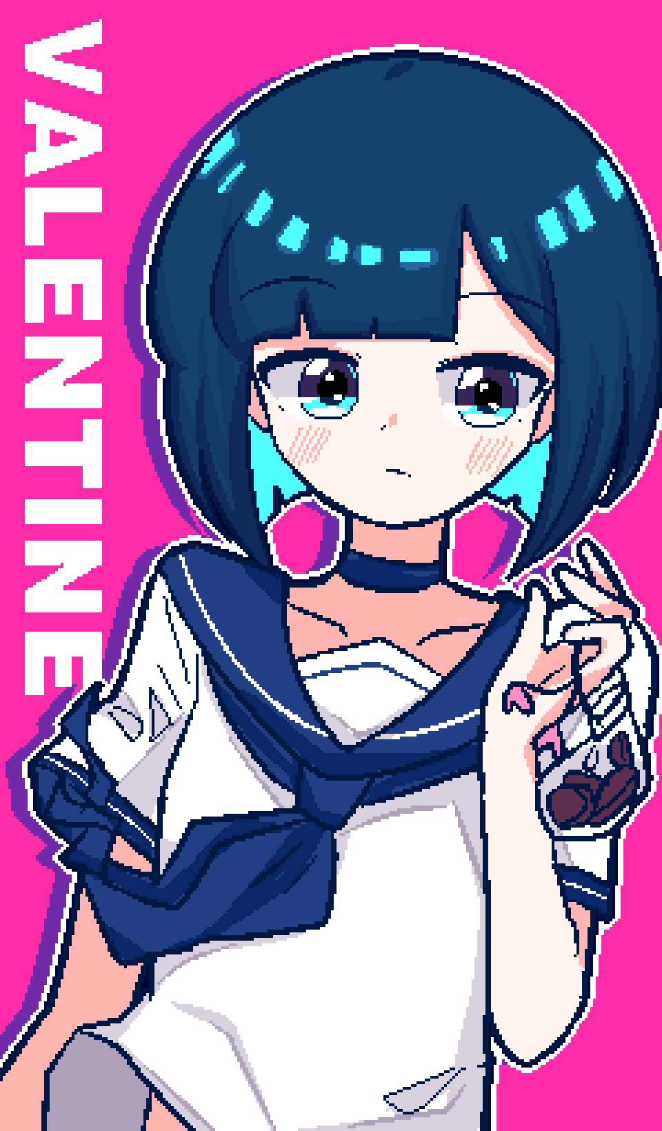 blue_eyes, blue_hair, chibikki, choker, collarbone, highres, nanako_(chibikki), original, pixel_art, sailor_senshi_uniform, valentine