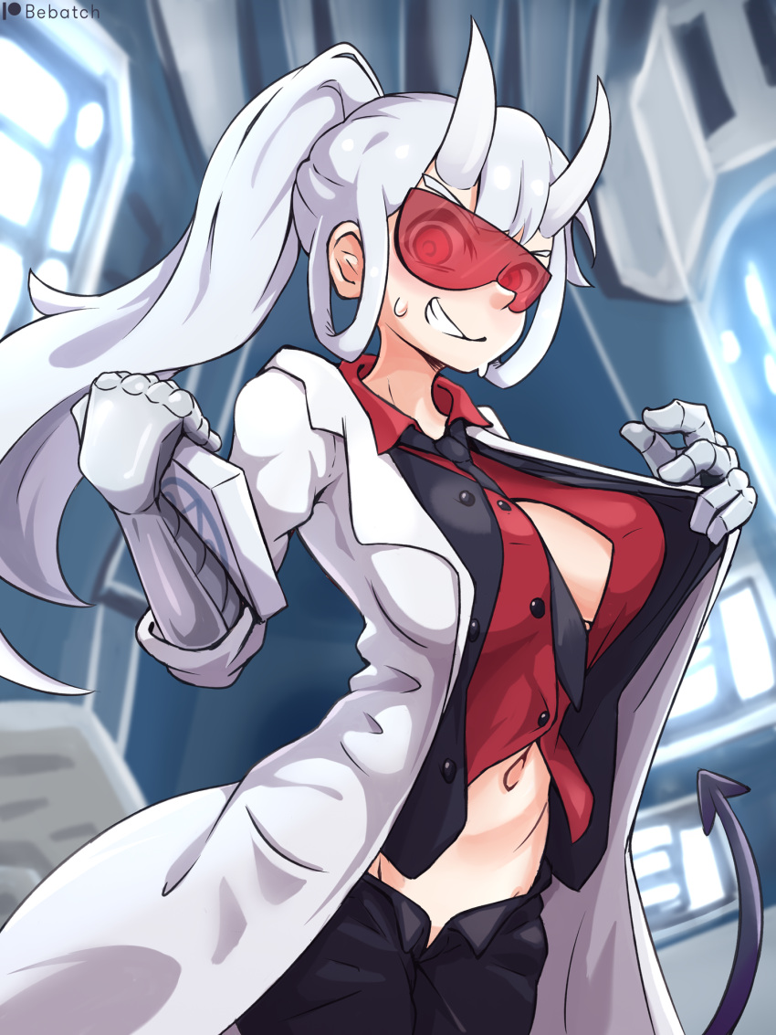 1girl, artist_name, bangs, bebatch, between_breasts, black_neckwear, black_pants, black_vest