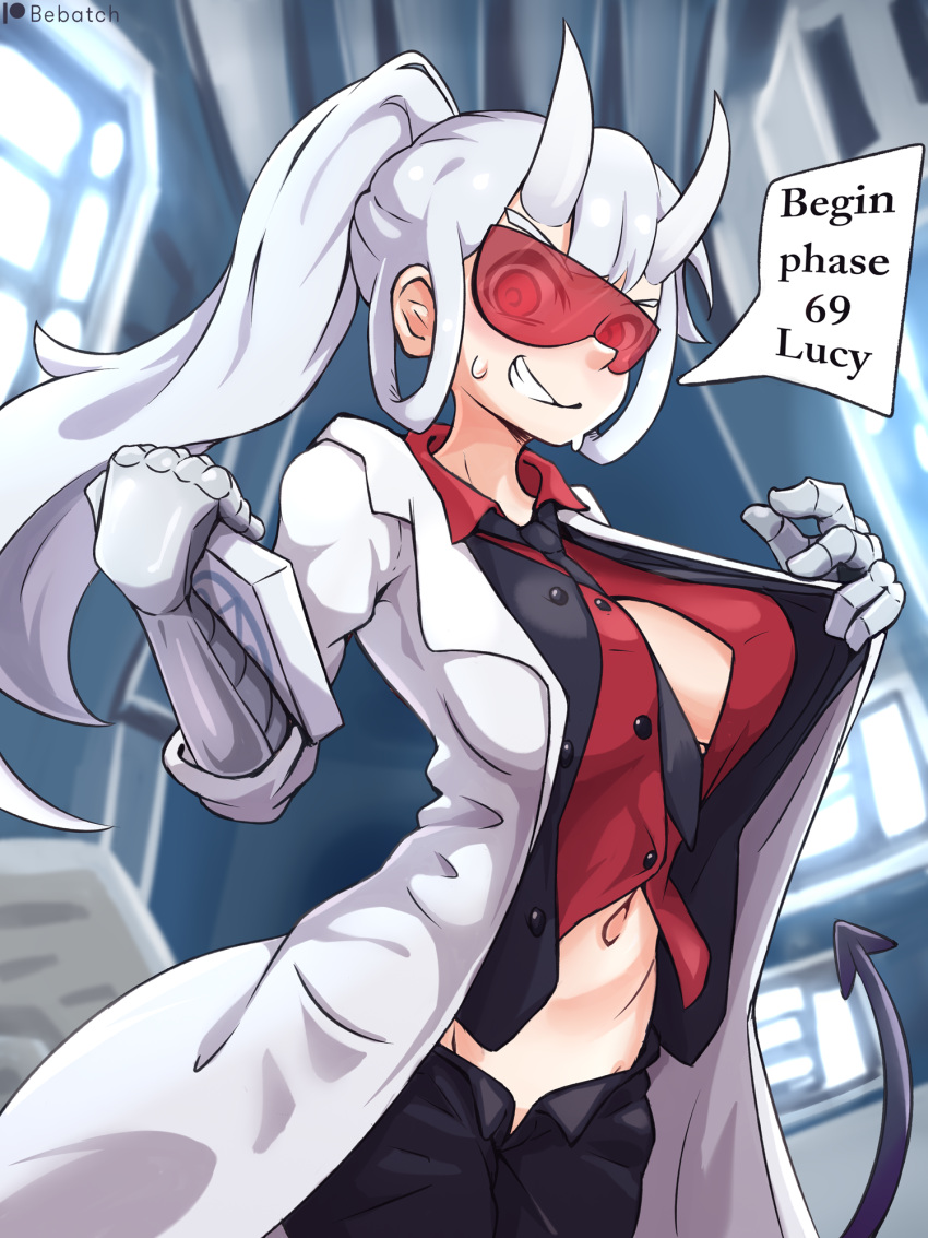 1girl, artist_name, bangs, bebatch, between_breasts, black_neckwear, black_pants, black_vest