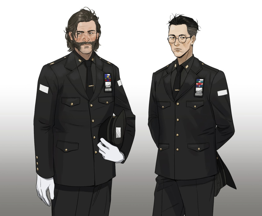 2boys, arms_behind_back, beard, black_hair, black_jacket, black_shirt, blazer, brown_hair