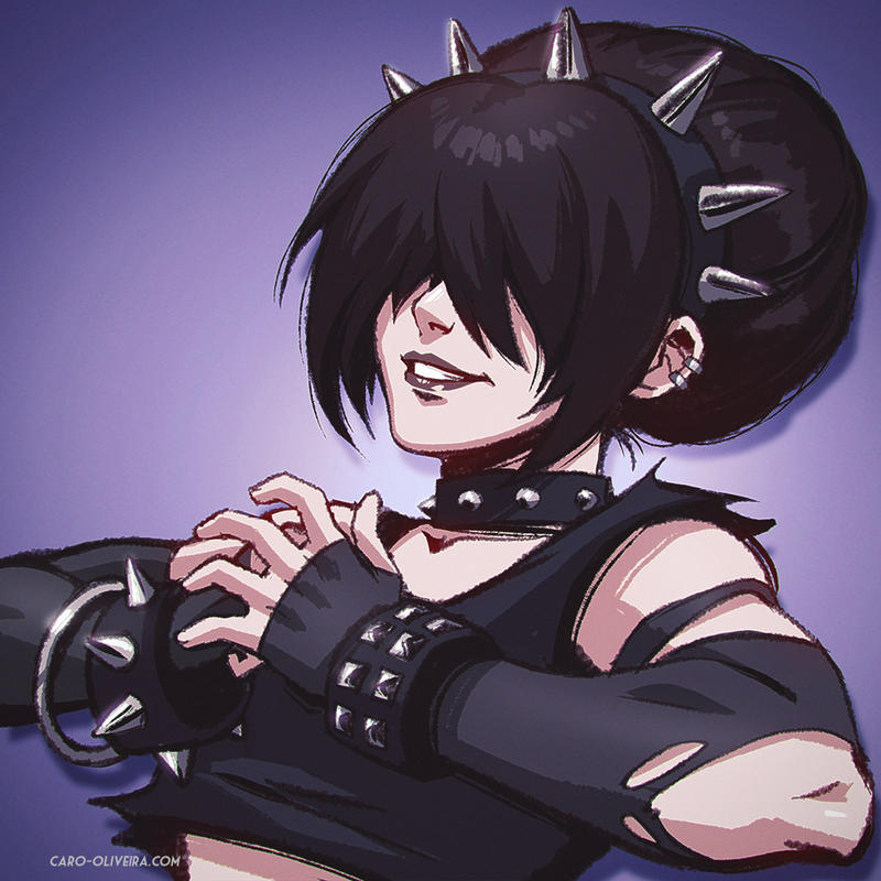 1girl, alternate_universe, avatar:_the_last_airbender, avatar_legends, bangle, black_gloves, black_hair, black_lips, borrowed_design, bracelet, caro_oliveira, collar, contemporary, covered_eyes, cracking_knuckles, crop_top, earrings, elbow_gloves, english_commentary, gloves, gothic, hair_bun, hair_over_eyes, hairband, jewelry, nose, purple_background, short_hair, solo, spiked_bracelet, spiked_collar, spiked_hairband, spikes, studded_bracelet, tank_top, toph_bei_fong, torn_clothes, torn_gloves, updo, upper_body
