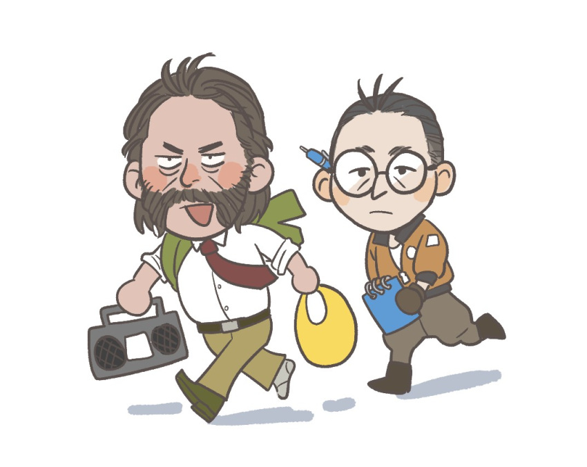2boys, :p, bag, beard, belt, black_hair, blush, blush_stickers