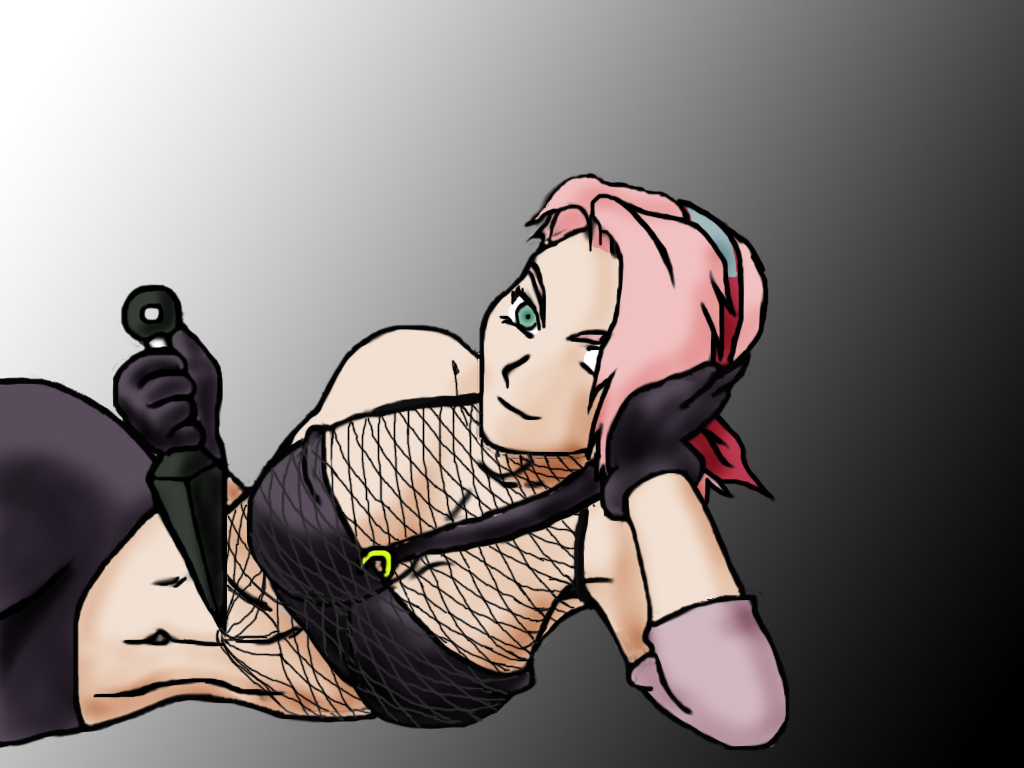 fishnets, green_eyes, halter_neck, halter_top, haruno_sakura, kunai, naruto, naruto_shippuden
