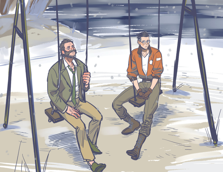 2boys, beard, black_hair, blazer, blush, bomber_jacket, boots, brown_hair, cheetahman_(1ddghfr78cswc), disco_elysium, ear_blush, facial_hair, glasses, gloves, hair_slicked_back, hand_on_lap, hands_together, harry_du_bois, jacket, kim_kitsuragi, male_focus, multiple_boys, mustache, mutton_chops, necktie, nose_blush, outdoors, pants, round_eyewear, shirt, shoes, short_hair, snowing, swing, swing_set, undercut, v-neck, white_shirt