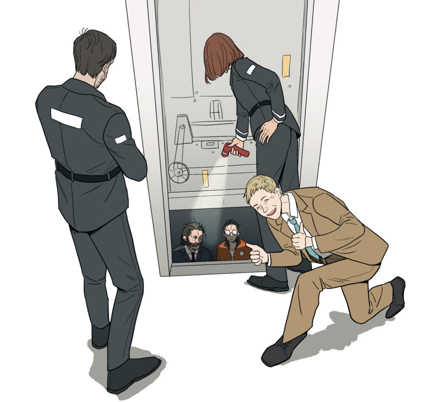 1girl, 4boys, belt, black_hair, blonde_hair, bomber_jacket, brown_hair, cheetahman_(1ddghfr78cswc)