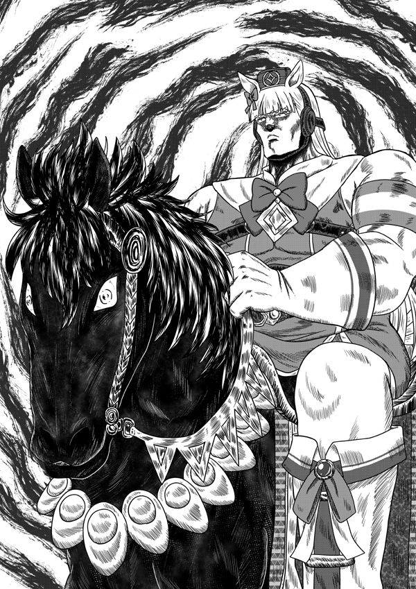 1girl, animal_ears, armband, bangs, blunt_bangs, boots, bow, feet_out_of_frame, gloves, gold_ship_(umamusume), greyscale, hara_tetsuo_(style), headwear, hiyoko_(chick's_theater), hokuto_no_ken, horse, horse_ears, horse_girl, horseback_riding, knee_boots, kokuoh, long_hair, monochrome, muscular, riding, umamusume, white_gloves