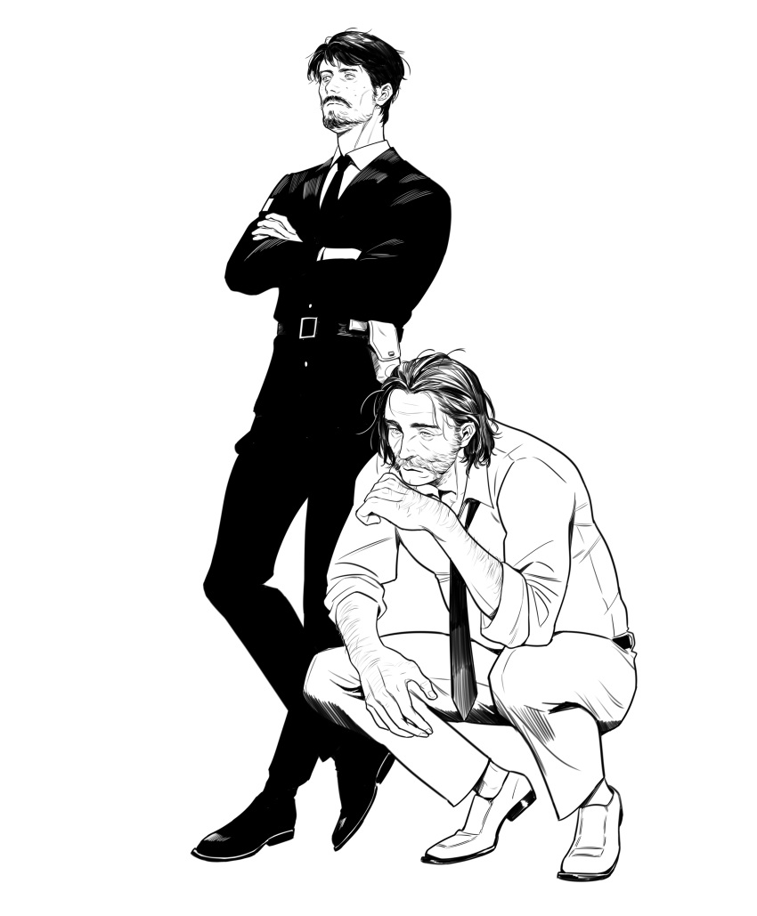 2boys, absurdres, arm_hair, belt, blazer, cheetahman_(1ddghfr78cswc), crossed_arms, disco_elysium, facial_hair, harry_du_bois, highres, jacket, jean_vicquemare, leaning_back, male_focus, monochrome, multiple_boys, mustache, necktie, pants, shirt, shoes, short_hair, sleeves_rolled_up, squatting, standing