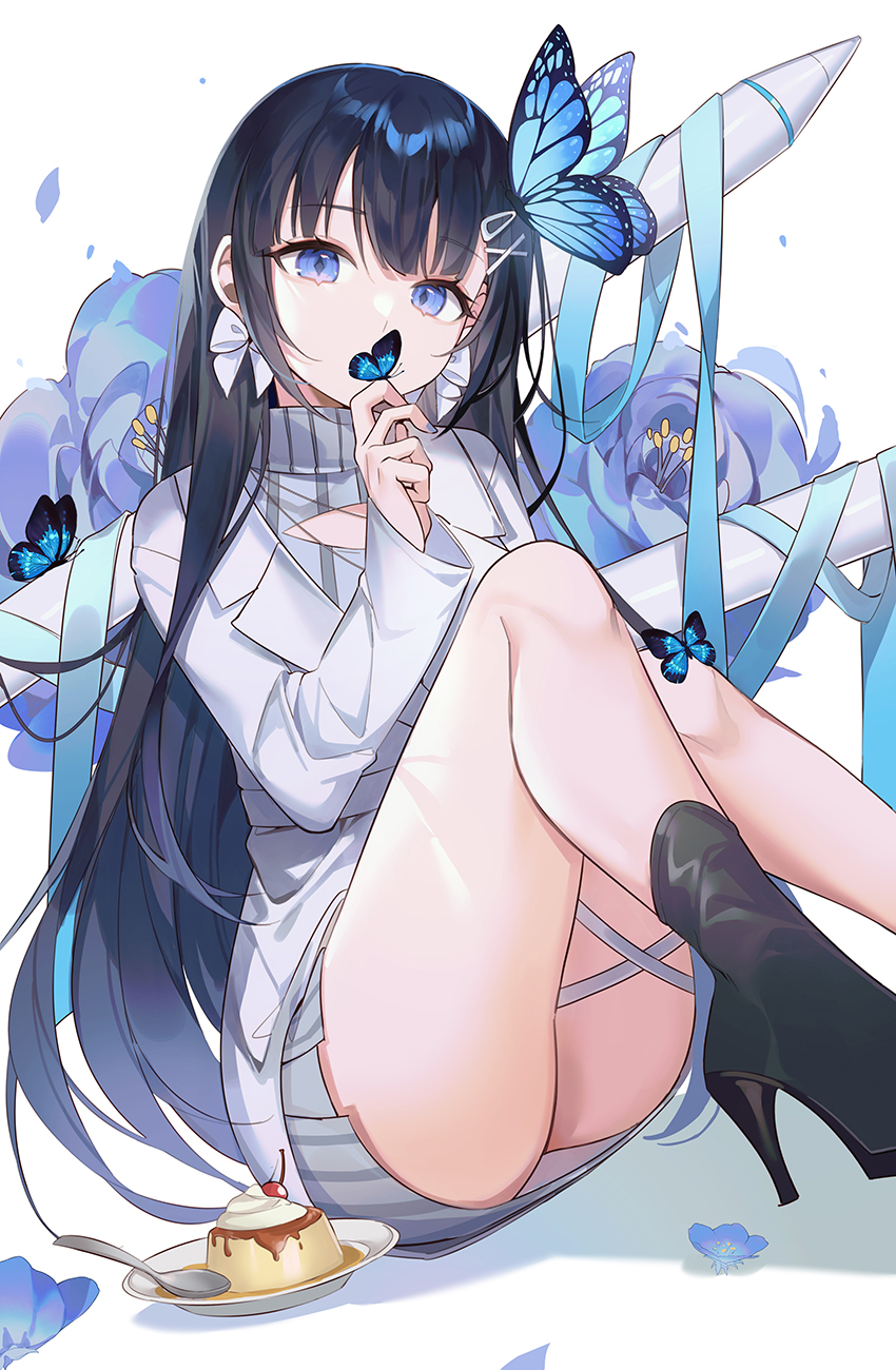 1girl, aoi_nabi, bangs, black_footwear, black_hair, blue_butterfly, blue_eyes, blue_flower