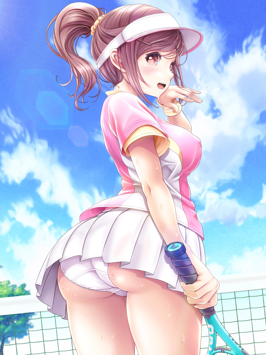 1girl, :d, ass, bangs, blue_sky, breasts, brown_eyes, brown_hair