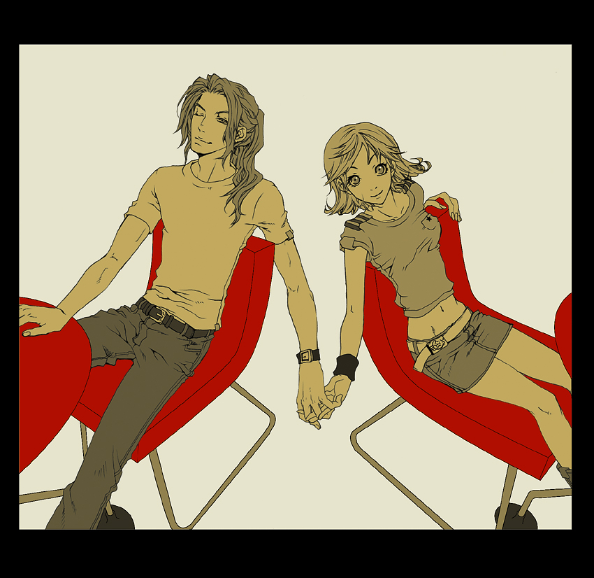 1girl, alternate_costume, belt, brown, chair, contemporary, couple, denim_skirt, final_fantasy, final_fantasy_viii, flipped_hair, hand_holding, holding_hands, irvine_kinneas, midriff, ponytail, red, selphie_tilmitt, sitting, skirt, smile, table, tachibana_chata, watch, wink, wristband, wristwatch