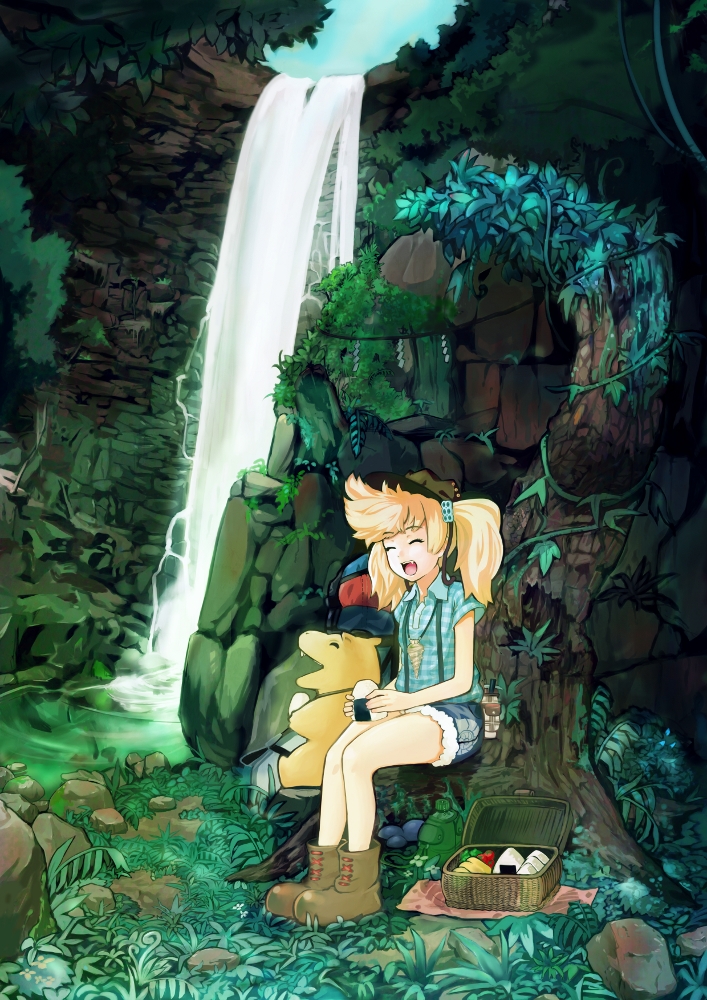 1girl, aqua_shirt, blonde_hair, boots, brown_footwear, closed_eyes, desmo, food