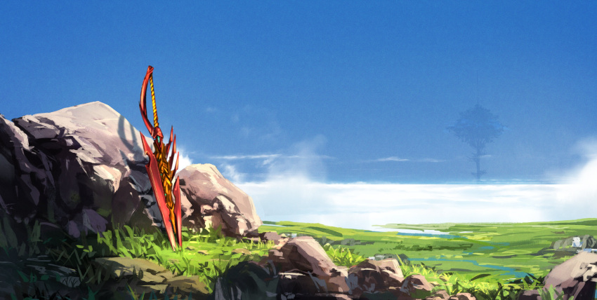 absurdres, aegis_sword_(xenoblade), cloud_sea, day, grass, highres, landscape, no_humans