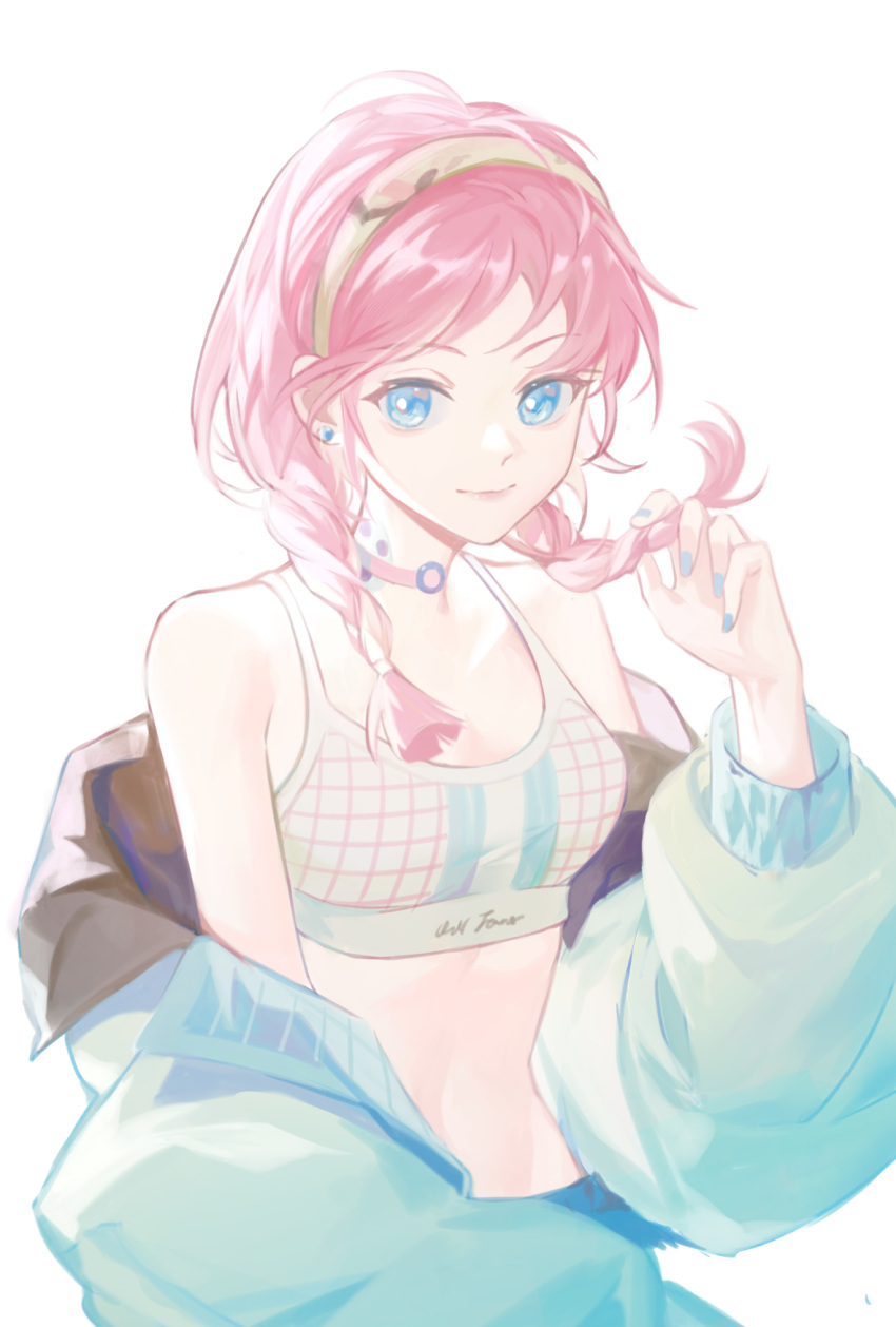 1girl, arknights, bare_shoulders, blue_eyes, blue_jacket, blue_nails, blue_poison_(arknights), blue_poison_(rhythm_on_the_beach)_(arknights), braid, breasts, chinese_commentary, choker, commentary_request, crop_top, earrings, ginnnn-, grey_hairband, hairband, hand_up, highres, jacket, jewelry, long_hair, long_sleeves, looking_at_viewer, midriff, nail_polish, navel, off_shoulder, pink_choker, pink_hair, simple_background, small_breasts, smile, solo, sports_bra, stomach, twin_braids, upper_body, white_background