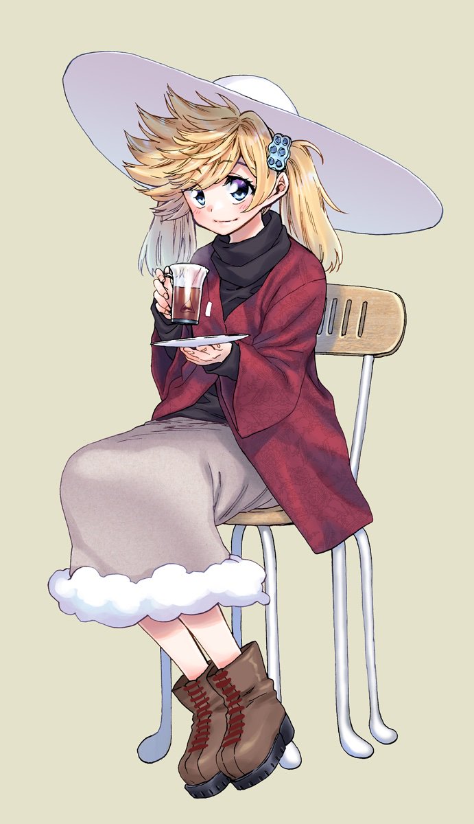 1girl, black_shirt, blonde_hair, blue_eyes, boots, brown_footwear, chair, cup