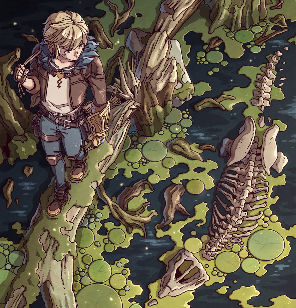 1boy, animal_skull, belt, blonde_hair, bone, ezreal, facial_mark, fingerless_gloves