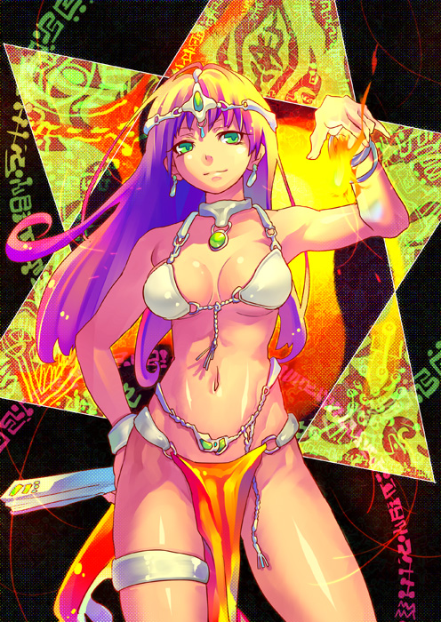 bikini_armor, bracelet, breasts, circlet, collar, dark_skin, dragon_quest, dragon_quest_iv, earrings, fan, front-tie_top, green_eyes, hexagram, jewelry, loincloth, long_hair, magic, manya, navel, purple_hair, solo, thigh_strap, z4