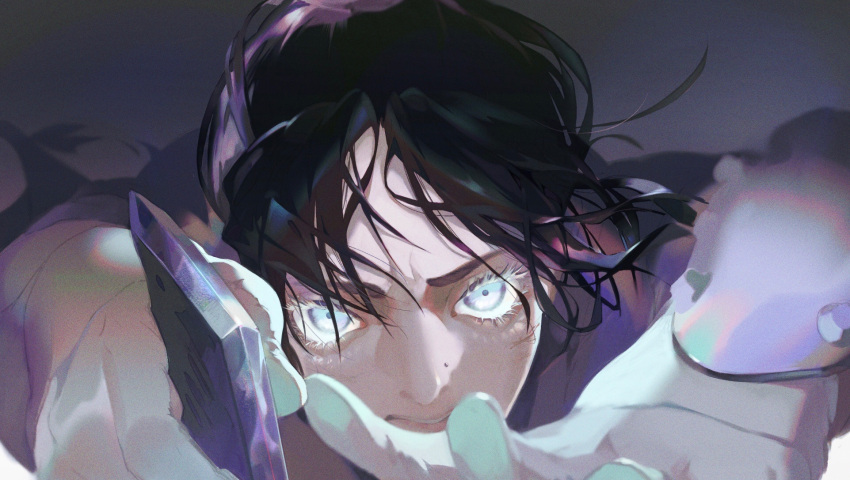 1girl, apex_legends, bangs, close-up, floating_hair, gloves, gradient, gradient_background, grey_eyes, highres, holding, holding_knife, knife, kunai, open_hand, parted_bangs, renee_shika_egakan, solo, weapon, white_gloves, wraith_(apex_legends)