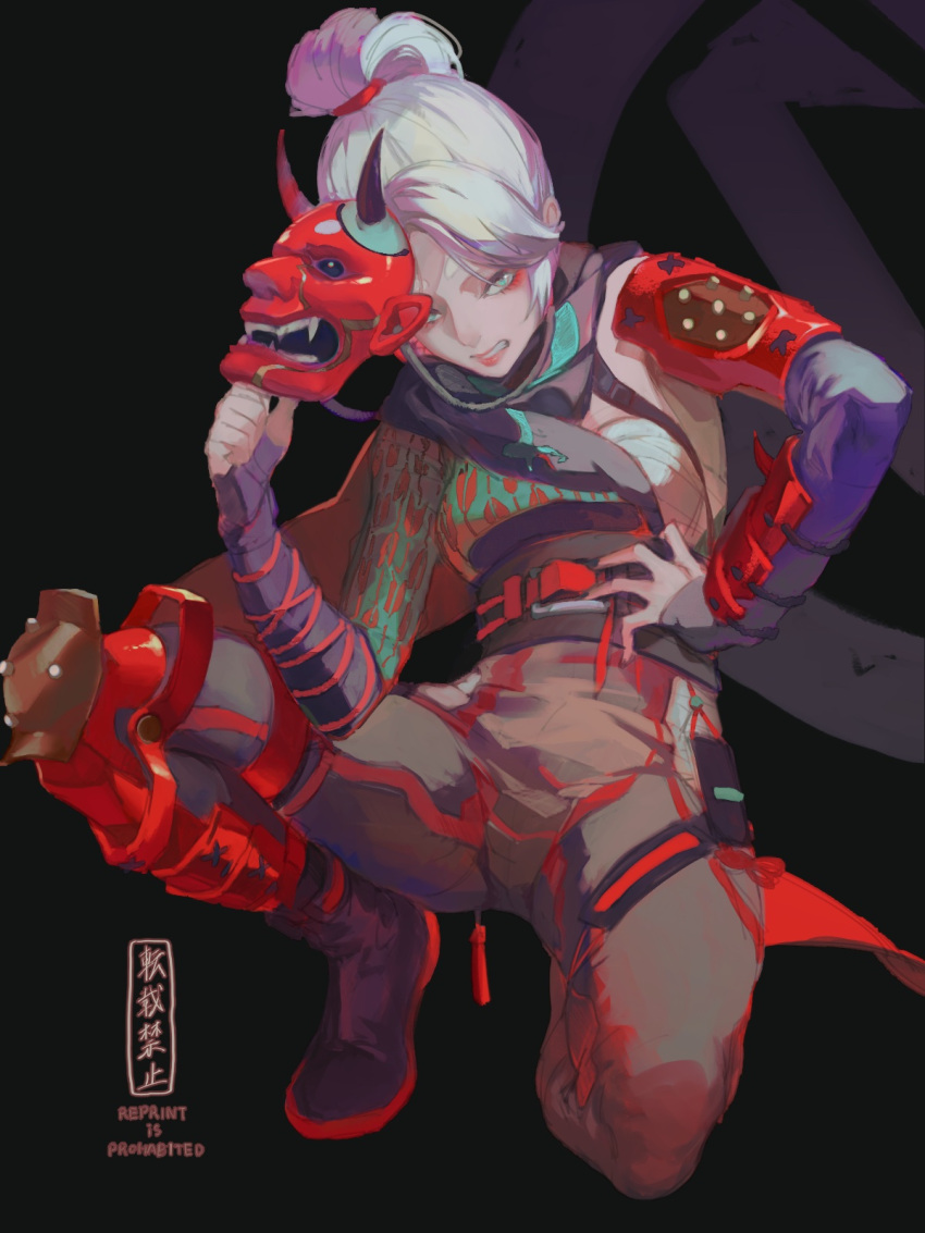 1girl, apex_legends, aqua_eyes, black_background, bracer, brown_pants, demon's_whisper_wraith, eyeshadow
