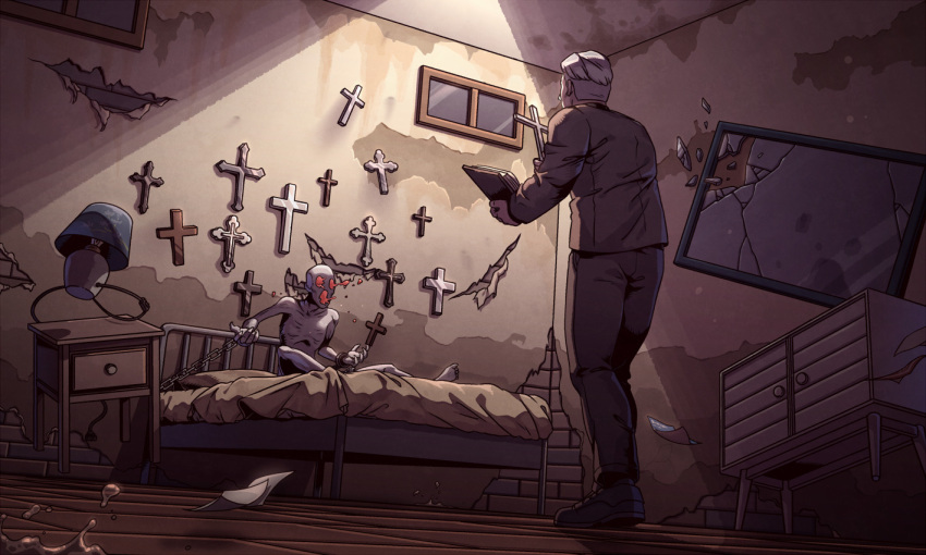 1boy, 1other, bed, black_jacket, broken_glass, broken_mirror, chest_of_drawers, cross