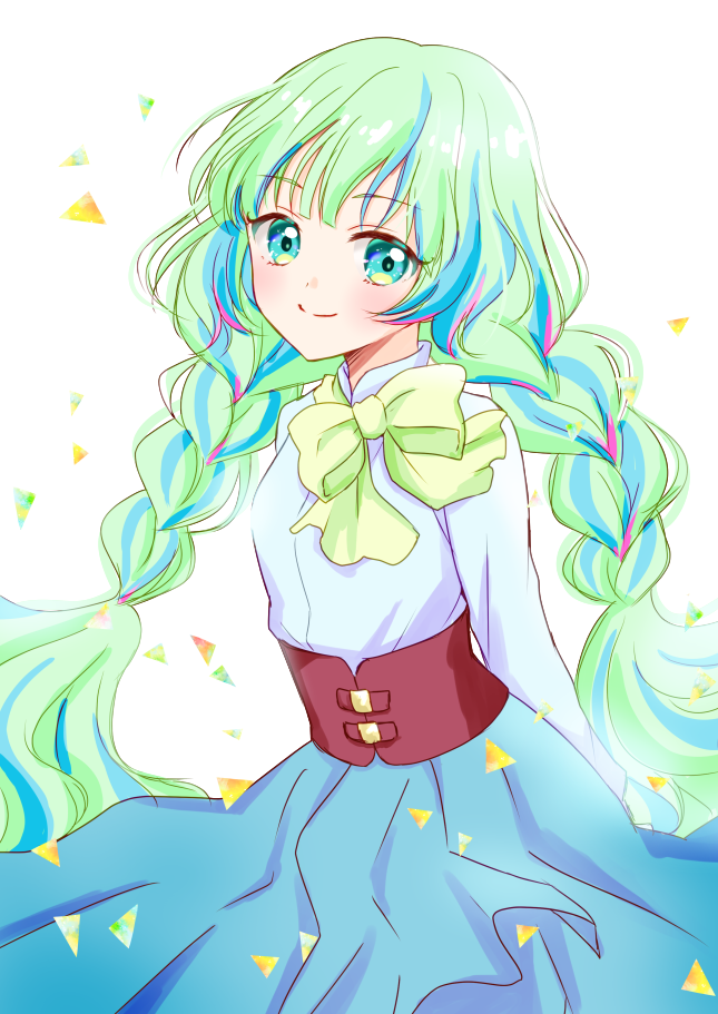 1girl, aikatsu!_(series), aikatsu_planet!, aqua_eyelashes, aqua_eyes, aqua_skirt, arms_behind_back, bangs, blue_eyes, blue_hair, blue_shirt, blunt_bangs, blush, bow, bowtie, braid, closed_mouth, collared_shirt, colored_eyelashes, eyebrows_visible_through_hair, green_hair, green_neckwear, long_hair, long_skirt, looking_at_viewer, loose_bowtie, low-tied_long_hair, multicolored, multicolored_eyes, multicolored_hair, pink_hair, q-pit, shirt, shirt_tucked_in, skirt, smile, solo, streaked_hair, tiramisu651, triangle, tsukishiro_ayumi, twin_braids, very_long_hair, yellow_eyes