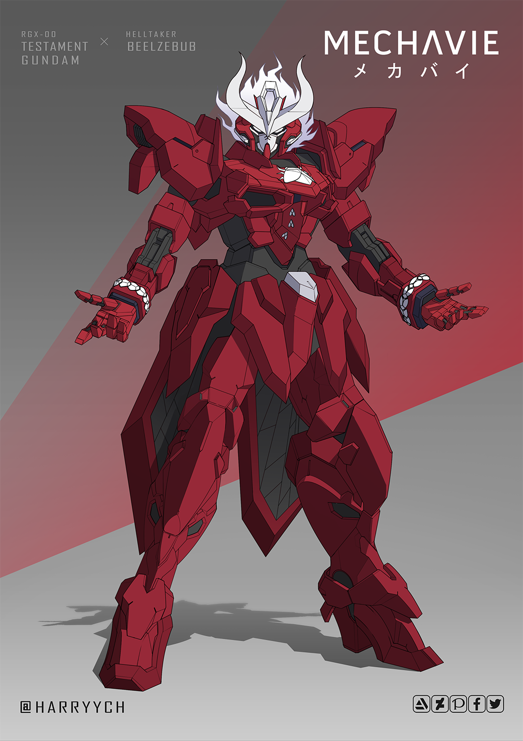 artist_name, beelzebub_(helltaker), bug, crossover, demon, english_text, fly, gundam, gundam_seed_destiny_astray, harryych, helltaker, highres, horns, insect, looking_at_viewer, mecha, mechanical, no_humans, open_hands, shadow, testament_gundam, twitter_username, white_eyes, white_horns