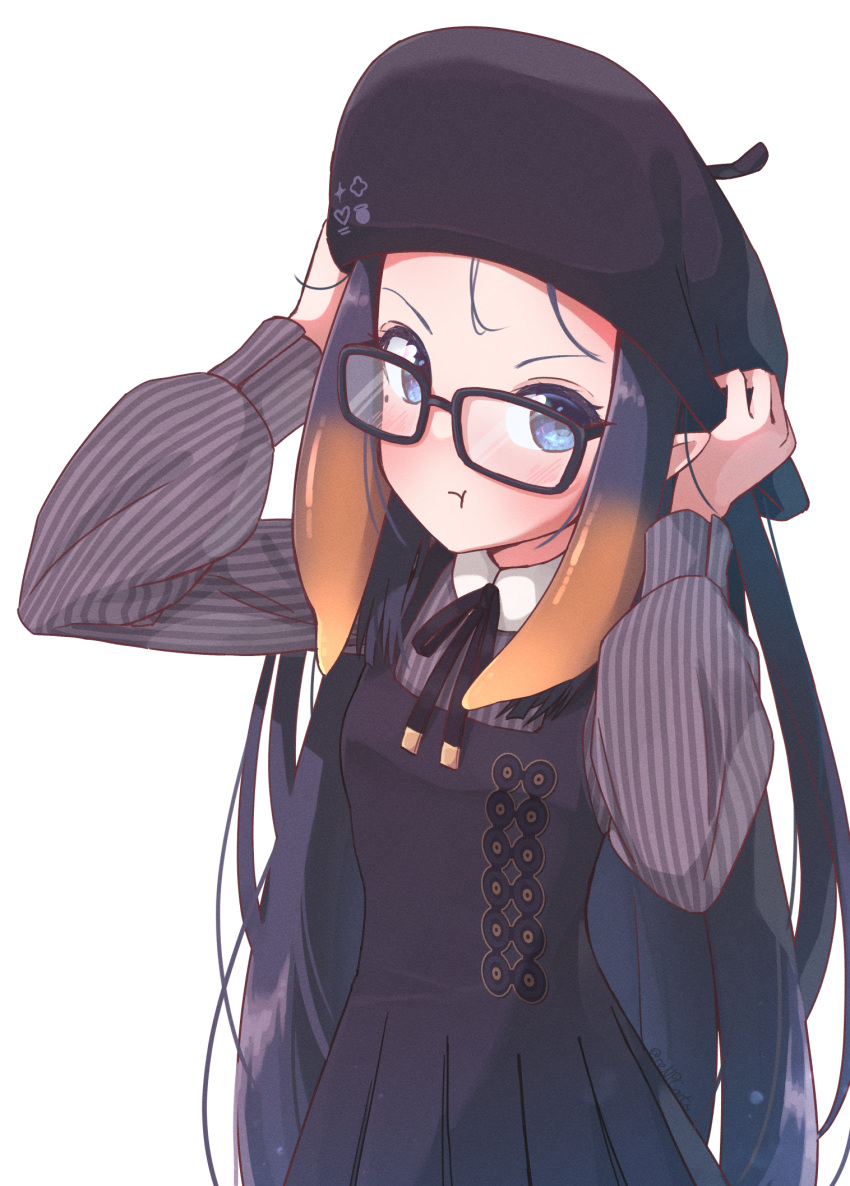 1girl, :t, arms_up, beret, black-framed_eyewear, black_dress, black_hair, black_headwear