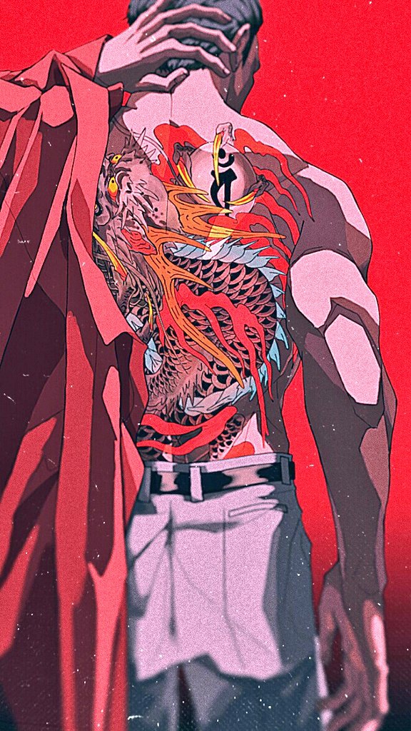 1boy, arm_behind_head, back, back_tattoo, belt, black_belt, black_hair, dragon