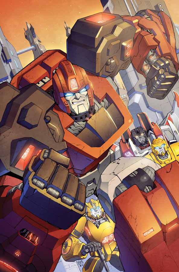 4boys, autobot, blue_eyes, bumblebee, cane, casey_w._coller, clenched_hands, decepticon, english_commentary, holding, holding_cane, ironhide, looking_ahead, mecha, metalhawk, multiple_boys, no_humans, science_fiction, smirk, starscream, the_transformers_(idw), transformers, upper_body