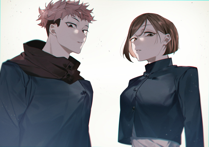 1boy, 1girl, backlighting, black_eyes, black_hair, black_jacket, bob_cut, breasts, brown_eyes, brown_hair, buttons, commentary, cropped_jacket, disgust, gakuran, glaring, highres, itadori_yuuji, jacket, jujutsu_kaisen, kugisaki_nobara, large_breasts, looking_at_viewer, looking_down, multicolored_hair, pink_hair, red_scarf, scarf, school_uniform, shirt, short_hair, simple_background, sou_230, two-tone_hair, undercut, upper_body, white_background, white_shirt