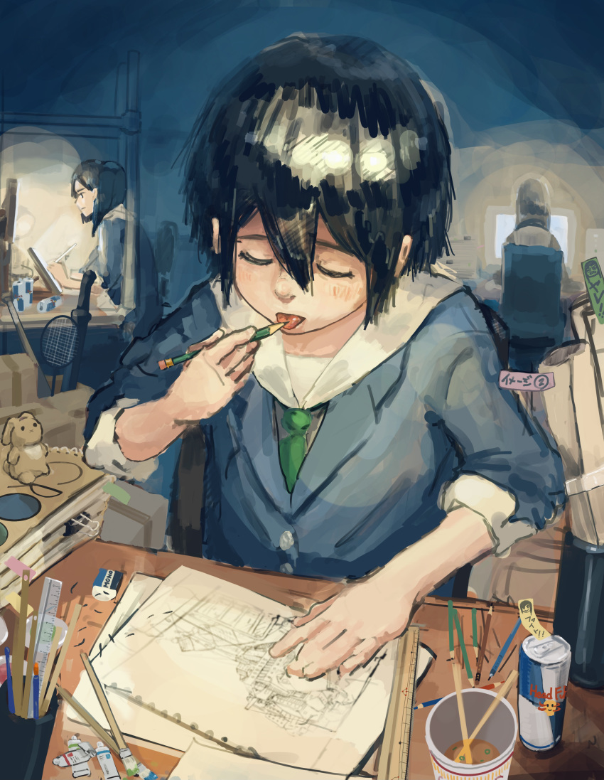 absurdres, asakusa_midori, badminton_racket, bangs, baseball_bat, binder_clip, black_hair, blazer, blue_jacket, bob_cut, box, can, cardboard_box, chopsticks, closed_eyes, colored_pencil, commentary, computer, computer_tower, drawing, drawing_equipment, drawing_tablet, eizouken_ni_wa_te_wo_dasu_na!, eraser, green_neckwear, hair_between_eyes, highres, jacket, kanamori_sayaka, kazakami_suito, licking, long_hair, mizusaki_tsubame, monitor, necktie, notebook, paint, paintbrush, paper_roll, pencil, racket, ramen, red_bull, ruler, school_uniform, short_hair, sitting, sticky_note, stuffed_animal, stuffed_bunny, stuffed_toy, sword, tongue, tongue_out, translated, weapon