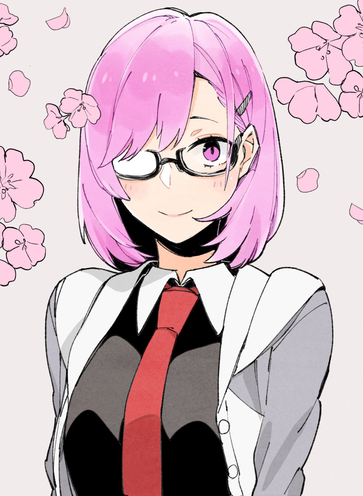 1girl, bangs, black-framed_eyewear, black_shirt, blush, commentary, fate/grand_order, fate_(series), flower, glasses, grey_background, hair_ornament, hair_over_one_eye, hairclip, highres, jacket, looking_at_viewer, mash_kyrielight, naosuke_(morioka_shachuu), necktie, opaque_glasses, pink_eyes, pink_flower, pink_hair, red_neckwear, semi-rimless_eyewear, shirt, short_hair, simple_background, smile, solo