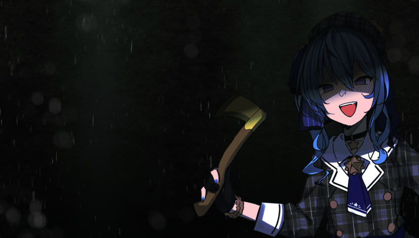 1girl, axe, black_gloves, black_jacket, blue_eyes, blue_hair, blue_nails, blue_neckwear