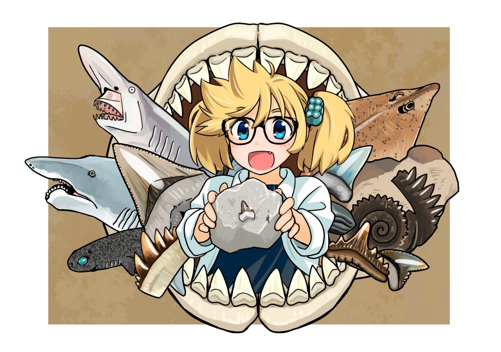 1girl, akai_sashimi, black_shirt, blonde_hair, blue_eyes, fang, fossil, holding, long_hair, long_sleeves, looking_at_viewer, mizunami_fossil_museum, mizunami_mio, open_mouth, rock, shark, shirt, smile, solo, twintails, upper_body, white_shirt