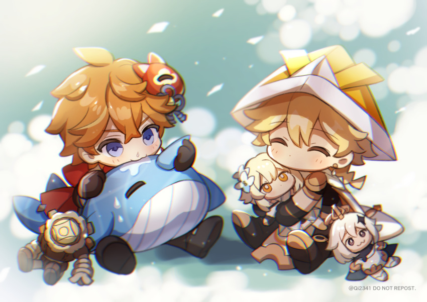 2boys, :3, aether_(genshin_impact), bangs, black_gloves, blue_eyes, braid, character_doll, child, closed_eyes, eyebrows_visible_through_hair, genshin_impact, gloves, hair_between_eyes, hat, holding, holding_stuffed_toy, jewelry, kodomo_no_hi, long_hair, lumine_(genshin_impact), mask, mask_on_head, multiple_boys, paimon_(genshin_impact), paper_hat, paper_kabuto, qi2341, ruin_guard, simple_background, single_braid, single_earring, sitting, stuffed_animal, stuffed_toy, stuffed_whale, tartaglia_(genshin_impact), twitter_username, younger
