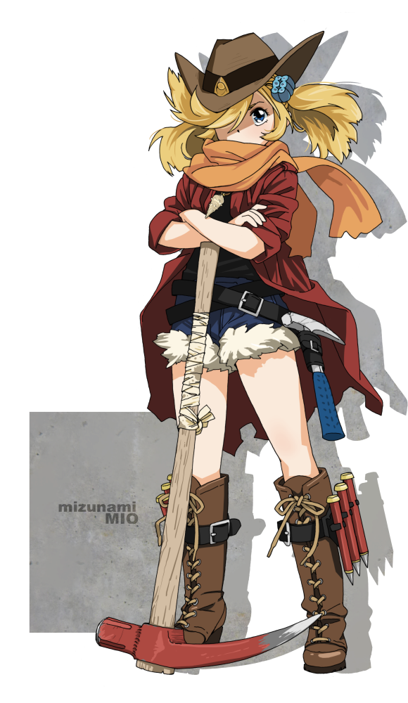 1girl, akai_sashimi, blonde_hair, blue_eyes, blue_shorts, boots, brown_footwear, brown_headwear, character_name, drop_shadow, full_body, hair_over_one_eye, jacket, long_hair, looking_at_viewer, mizunami_fossil_museum, mizunami_mio, orange_scarf, pickaxe, red_jacket, scarf, shorts, simple_background, solo, standing, twintails, white_background