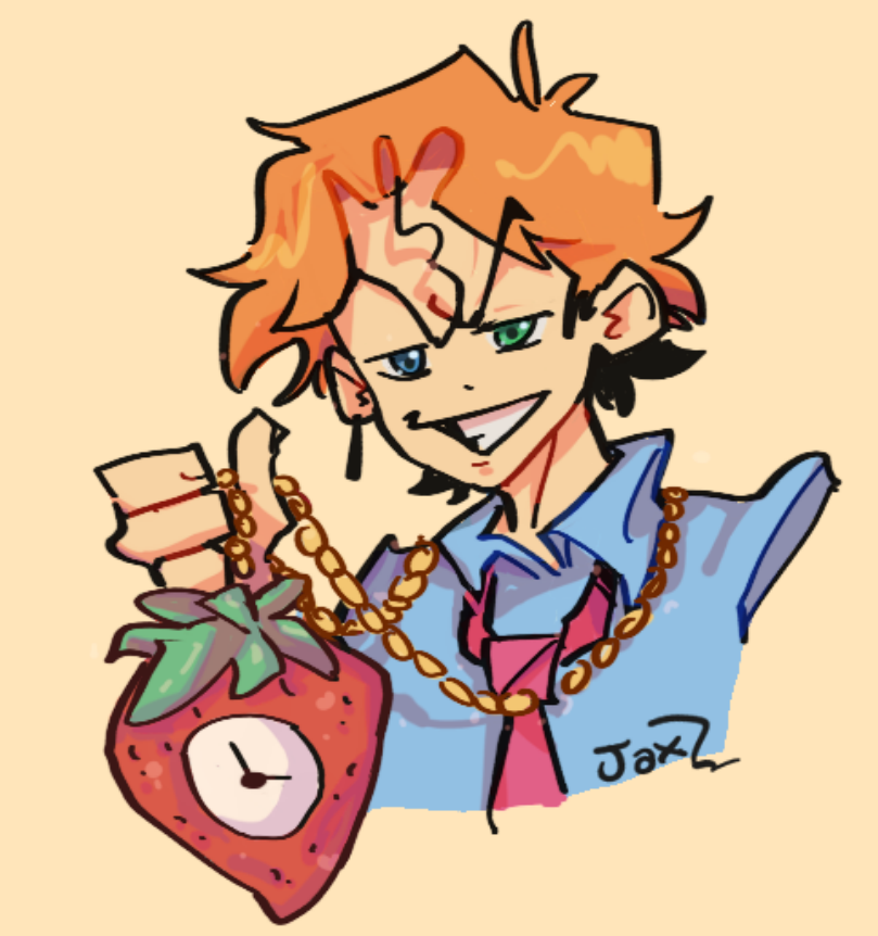 1boy, blue_eyes, blue_shirt, clock, cropped_torso, evil_grin, evil_smile, food