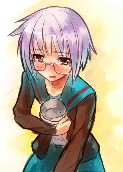 blush, bowl, brown_eyes, cardigan, glasses, nagato_yuki, okaka, purple_hair