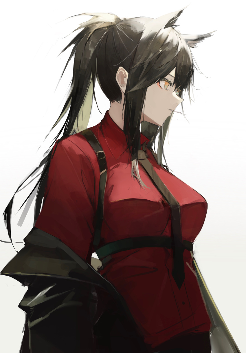 1girl, absurdres, animal_ears, arknights, black_hair, black_jacket, black_neckwear, breasts